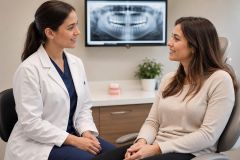 Dentist consulting with patient in clinic, panoramic dental X-ray visible on monitor.