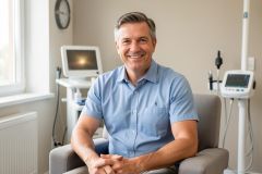 Smiling middle-aged patient seated in a clinical consultation chair, medical monitors visible behind him.