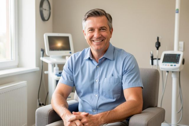 Smiling middle-aged patient seated in a clinical consultation chair, medical monitors visible behind him.