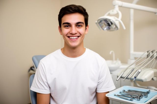Smiling teenage patient seated in a dental chair, showing aligned teeth with instruments on a tray nearby.