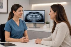 Dental clinician consulting smiling adult patient with panoramic X‑ray visible on monitor.