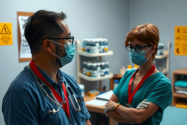 The image depicts a healthcare setting with two healthcare workers. Both are wearing surgical masks and a red lanyard, possibly indicating they are doctors or nurses.