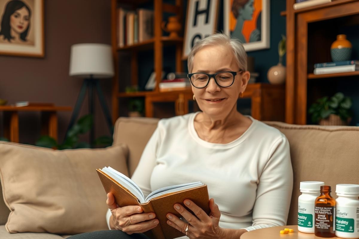 The image shows an elderly woman in a living room setting, comfortably seated on a couch with her legs crossed. She is focused on reading a book that she holds in both hands. The environment is warm and inviting, featuring wooden furniture.