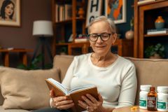 The image shows an elderly woman in a living room setting, comfortably seated on a couch with her legs crossed. She is focused on reading a book that she holds in both hands. The environment is warm and inviting, featuring wooden furniture.