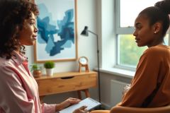 Two women in a bright, modern room appear to be in a discussion or meeting. One holds a notebook, and the scene conveys a professional or counseling setting.