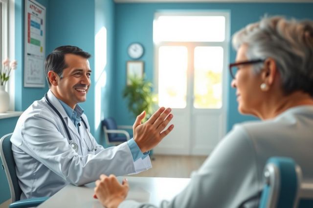 Doctor and patient during consultation. Medical professional with a friendly gesture in a clinic setting. Healthcare, wellness, and patient care concepts.