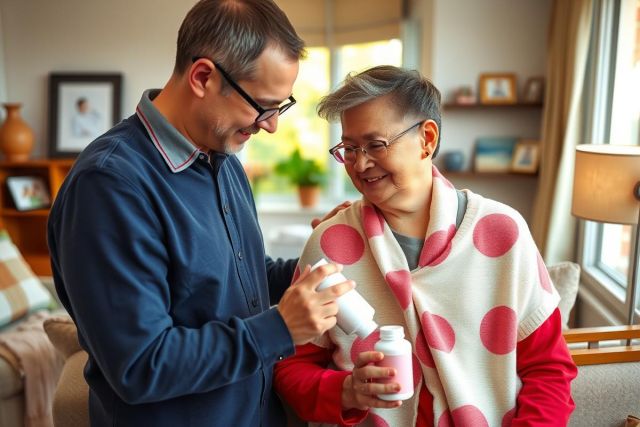 The image is a photograph depicting two people. A man and an older woman are seated in what appears to be the living room of a home. The man, wearing glasses, has short hair and is dressed in casual attire with a dark jacket over a collared shirt. He seems to be showing something to the woman. 