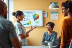 A professional setting is depicted with four individuals in an office environment. A nurse or healthcare worker stands and gestures towards a colleague who sits at the table with others.