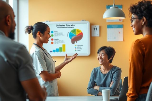 A professional setting is depicted with four individuals in an office environment. A nurse or healthcare worker stands and gestures towards a colleague who sits at the table with others.