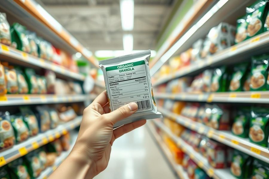 Hand holding a package of granola in a supermarket aisle. Shelves are stocked with green and brown granola bags. Bright, well-lit grocery store scene showcasing healthy food options and nutrition labels.