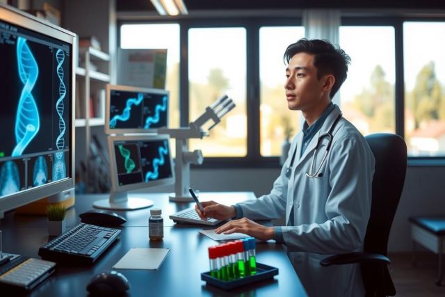 In the image, a young Asian male with short dark hair is depicted in a modern laboratory setting. He's wearing a white lab coat, suggesting he might be a scientist or a medical professional. He has his right hand raised near his chin, possibly indicating deep thought or concentration on work. The man is looking at a computer screen that displays several graphs and charts related to scientific data, which implies that he may be analyzing results or monitoring experiments. In the background, there's a microscope with slides underneath it, reinforcing the laboratory environment. 