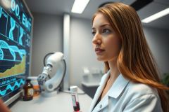 Scientist in a lab coat analyzes data on a monitor, surrounded by lab equipment. The scene features a modern, clean environment with a focus on scientific research and analysis.