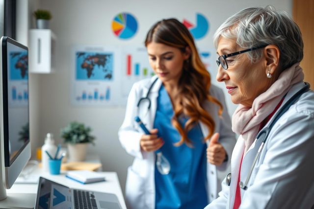 The image portrays a modern medical office setting where two female doctors, one wearing glasses and the other in blue scrubs, are engaged with digital tablets.