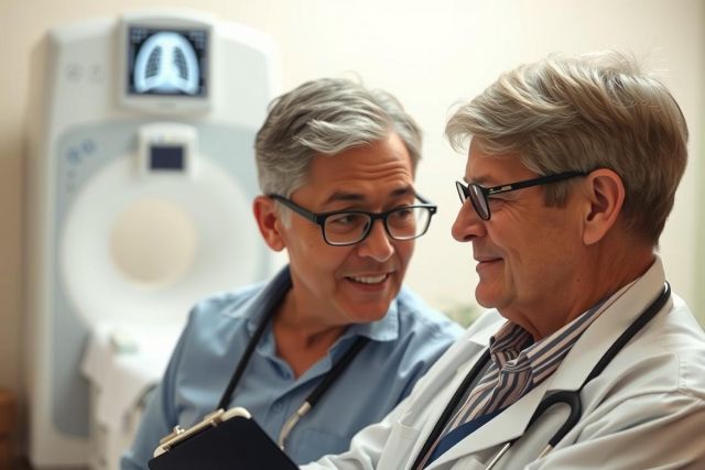 The image shows two men inside a medical setting. The older man appears to be examining the younger man, who is seated on an examination bed. The older man is wearing a white lab coat and has his stethoscope around his neck, indicating he might be a doctor or healthcare professional. 