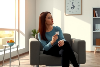 Image depicts a woman sitting on a modern couch in a bright, open-concept living room. She appears thoughtful or listening intently to someone off-camera. Environment includes a neutral color palette with natural lighting from large windows, and minimalist decor.