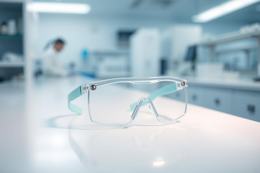 Safety glasses on a lab bench in a modern science laboratory. The image features clear protective eyewear with a light blue strap, set against a blurred background of white counters and a scientist. A clean, professional science and laboratory environment.