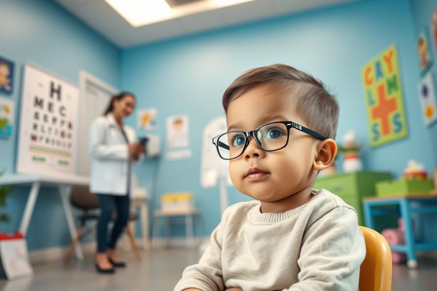 Adorable toddler wearing glasses during an eye exam. A healthcare professional is blurred in the background in a bright, blue-toned pediatric ophthalmology office. Focus on child's vision, kids' eye health, and early detection.