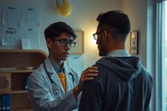 Two men in an office, one wearing a white lab coat and glasses. They are engaged in conversation, possibly discussing medical issues or research.