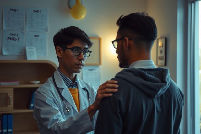 Two men in an office, one wearing a white lab coat and glasses. They are engaged in conversation, possibly discussing medical issues or research.
