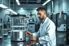 Scientist examining equipment in a modern lab. Close-up shows a metal enclosure and lab tools, highlighting research and technological development. The environment has cool tones and clean, sterile appearance.