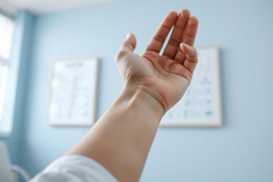 Close-up of a fair-skinned hand and wrist with a bandage, set against a softly blurred light blue wall with framed charts. The image suggests healthcare or medical context, possibly physiotherapy or recovery. Clean, bright lighting and a shallow depth of field emphasize the hand.