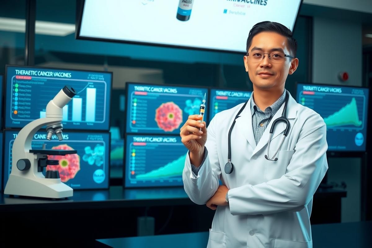 The image features a male physician in a medical research laboratory. The man is wearing a white lab coat and is standing in front of various scientific equipment including microscopes, monitors, and laptops displaying data graphs. He appears to be presenting or discussing the results of his research.