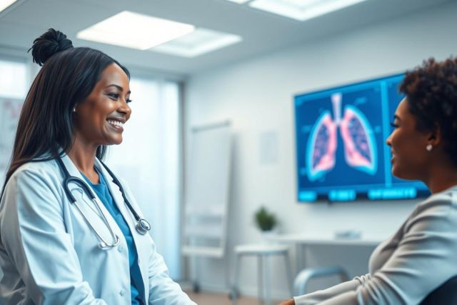 Doctor consults with patient in a bright, modern clinic. A medical imaging display of lungs is visible, showcasing healthcare, diagnosis, and wellness. Warm smiles and a clean, white environment create a positive medical setting.
