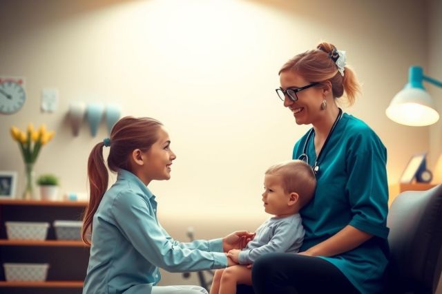 A young girl is seated on a table or counter next to a pediatrician. They are engaged in what appears to be a doctor's visit, possibly discussing the child's health or routine check-up. The room has a clinical atmosphere with medical equipment and furniture visible, indicating this could be within a healthcare facility.