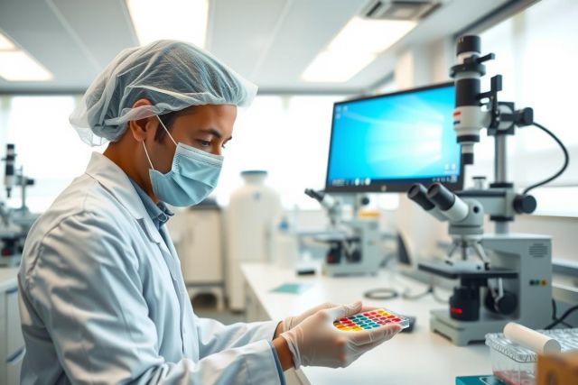 Lab technician in a cleanroom environment examining a microplate. Focus on scientific research, lab work, and quality control. Sterile environment, wearing a mask and gloves.
