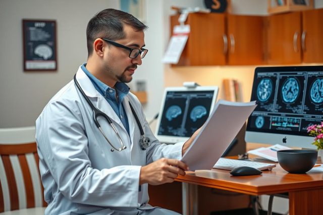 The image depicts a medical doctor in clinical attire, seated at a desk with various items related to his profession. He is holding documents and appears to be examining them.