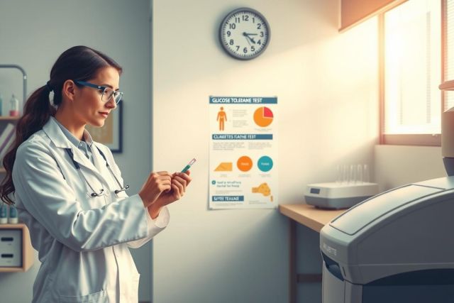 In the image, a woman wearing glasses and a lab coat appears to be examining her test results. She stands in front of a whiteboard with graphs and statistics. The setting resembles a medical or scientific environment, possibly a research lab.