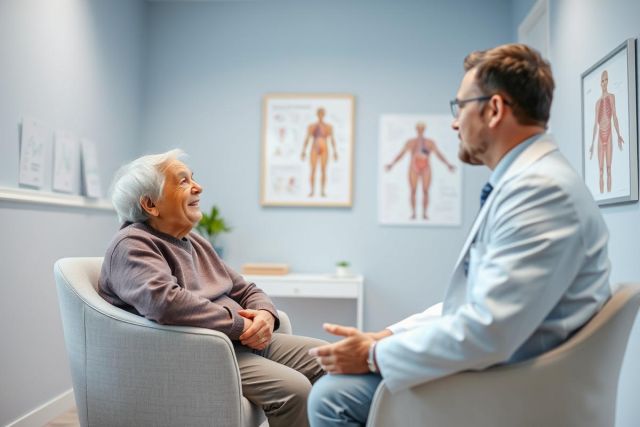 An elderly woman smiles while consulting with a male doctor in a bright, blue-toned medical office. Anatomy posters hang on the wall, suggesting a healthcare setting. The image depicts a patient-doctor consultation, focusing on senior health and wellness.