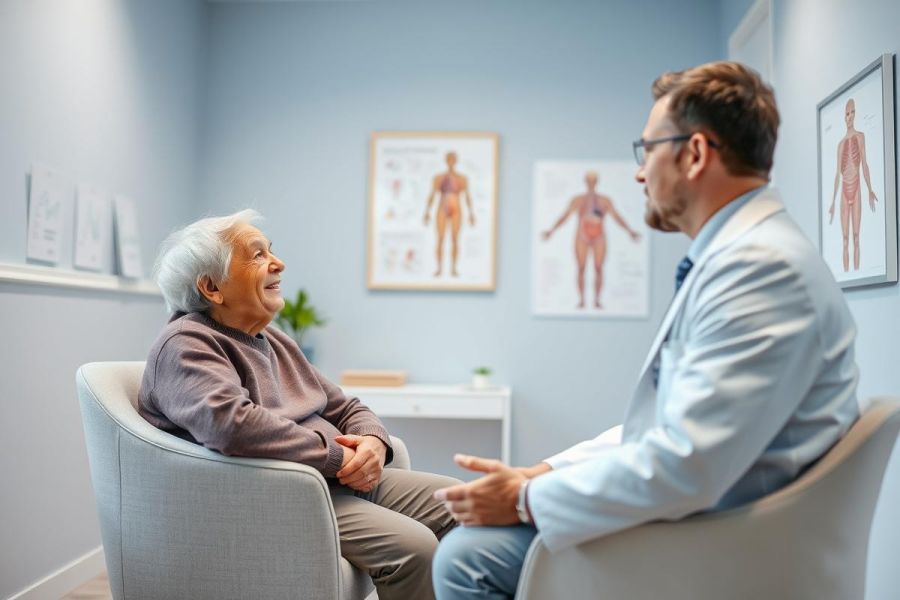 An elderly woman smiles while consulting with a male doctor in a bright, blue-toned medical office. Anatomy posters hang on the wall, suggesting a healthcare setting. The image depicts a patient-doctor consultation, focusing on senior health and wellness.