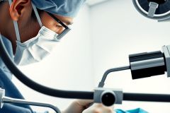 Surgeon performing a medical procedure, wearing a mask and surgical cap. Close-up view of instruments and endoscopic equipment in an operating room setting. Focus on precision and medical technology.