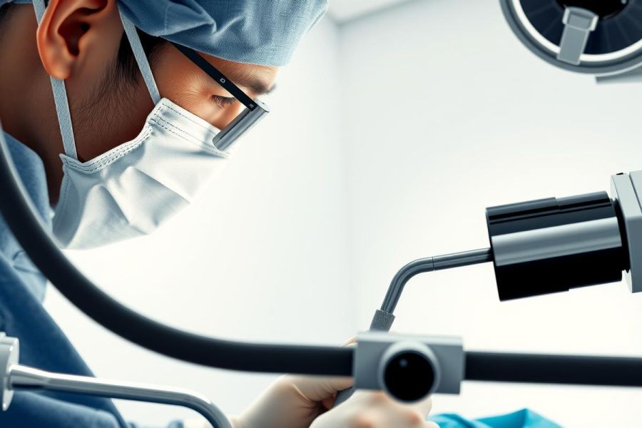 Surgeon performing a medical procedure, wearing a mask and surgical cap. Close-up view of instruments and endoscopic equipment in an operating room setting. Focus on precision and medical technology.