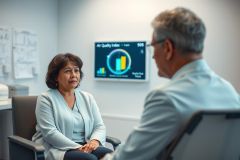 Doctor-patient consultation in a modern office setting. A woman sits facing a doctor, with an air quality monitor displayed on the wall. Professional healthcare scene, featuring a diverse couple and a clean, bright environment.