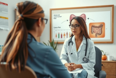 The image depicts a medical office setting, with two women engaged in what appears to be a consultation. The woman on the right is seated at a desk and wearing a white coat, indicating she might be a doctor or a healthcare professional.