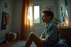 The image features a young person sitting alone on their bed. The room has a warm ambiance with the glow of sunlight filtering through the window, casting long shadows and creating a serene atmosphere. 
