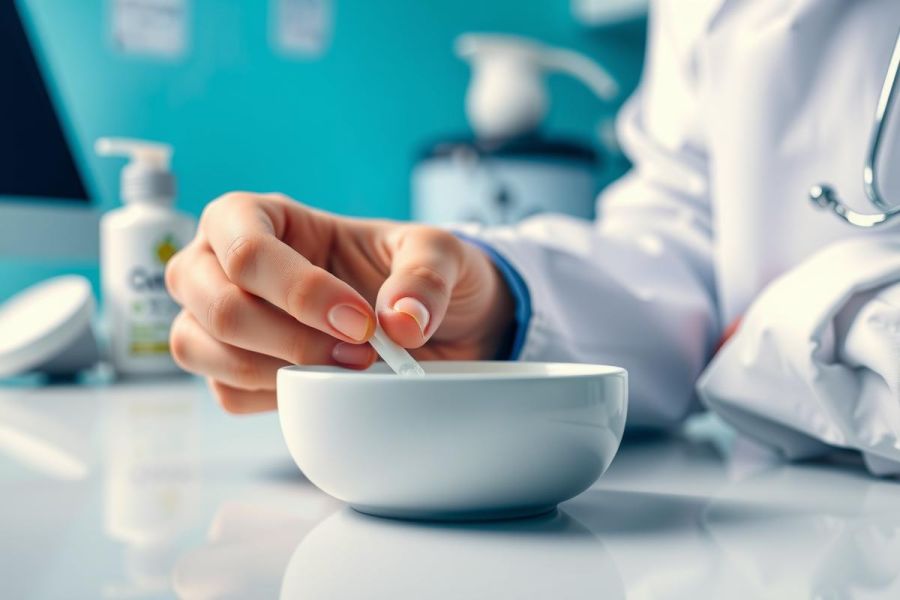 A healthcare professional measuring medicine powder in a bowl. White lab coat and equipment visible in a clinical setting. Focus on medication dosage and precision.