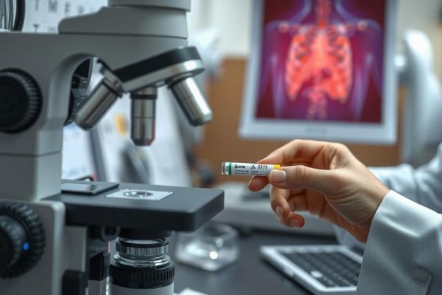 The image depicts a scientific setting with a person, possibly a researcher or technician, examining microscope slides under a microscope. The environment suggests a professional medical or biological research facility where microscopic analysis might be conducted, such as cancer cell studies. The presence of the microscope and slides are key visual elements indicative of scientific research.