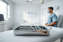 Surgical instruments in a stainless steel tray on a white examination table. A medical professional in a blue scrub suit and mask is blurred in the background of a bright, modern clinic setting. Healthcare, surgery, and medical equipment are key themes.