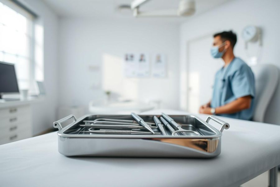 Surgical instruments in a stainless steel tray on a white examination table. A medical professional in a blue scrub suit and mask is blurred in the background of a bright, modern clinic setting. Healthcare, surgery, and medical equipment are key themes.
