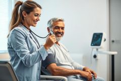 A healthcare professional examines a patient's blood pressure in a bright, modern clinic setting. The doctor, wearing a blue lab coat, uses a stethoscope while the smiling patient sits comfortably. Focus on preventative care and medical checkups.