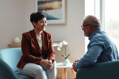 Two people having a conversation in a modern interior setting. Man and woman sitting in blue chairs, a table with a flower vase in between. Bright, warm lighting. Focus on business meeting or casual chat.