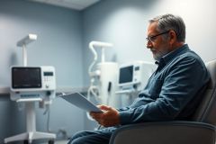 Older man with glasses reading paperwork in a medical clinic. The scene features medical equipment and a calming blue color palette, suggesting a healthcare setting and patient consultation. Focus on health, aging, and medical care.