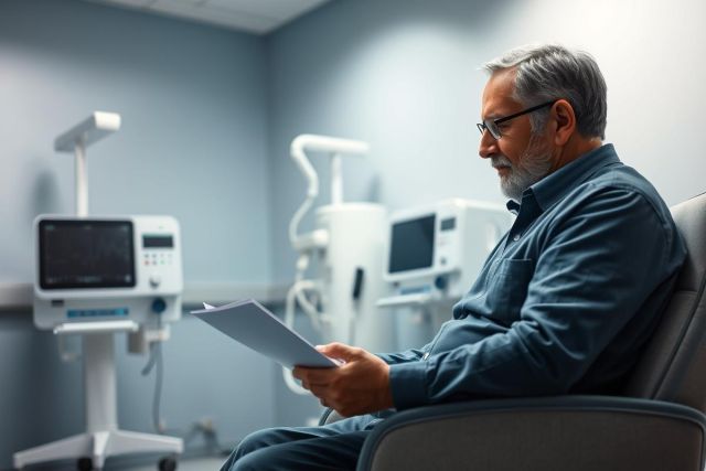 Older man with glasses reading paperwork in a medical clinic. The scene features medical equipment and a calming blue color palette, suggesting a healthcare setting and patient consultation. Focus on health, aging, and medical care.