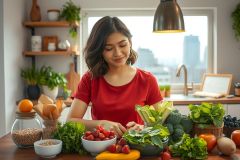 The image features a woman in a kitchen, preparing food. She is wearing a red t-shirt and smiling at the camera while chopping vegetables on a wooden countertop.