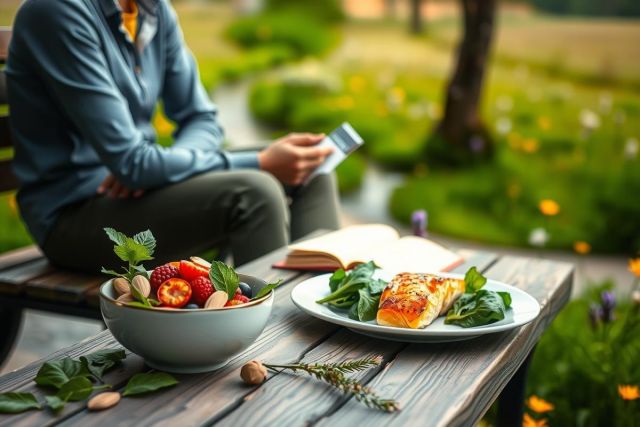 The image depicts a tranquil outdoor setting where a person is sitting at a wooden table. The individual appears to be taking a break and has their chin resting on their hands, suggesting a moment of pause or contemplation. 