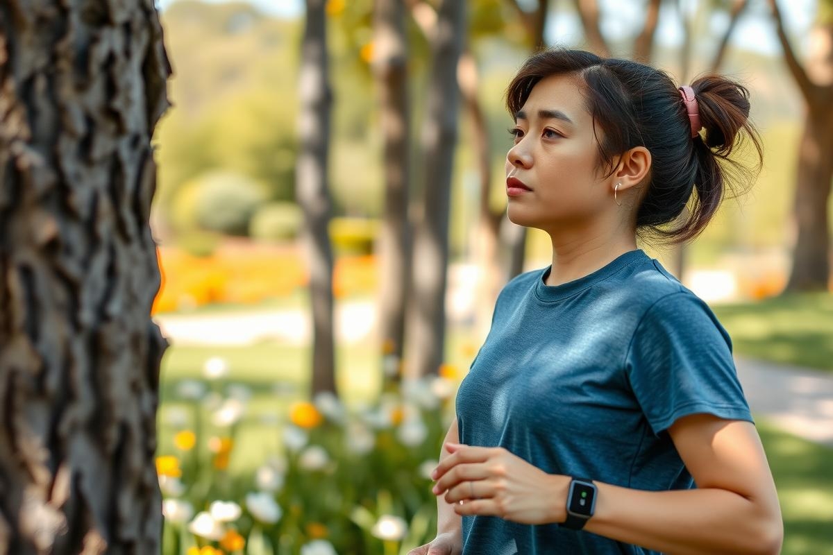 The image shows a woman engaged in outdoor exercise. She is wearing sports attire and appears to be running or jogging on a pathway lined with trees and flowers. The environment suggests a park setting, possibly during the spring season given the blooming plants.
