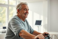 Senior man exercising on a stationary bike in a bright, modern room. He's smiling and appears to be enjoying his workout. Focus on fitness, healthy aging, and active lifestyle. The room has a clean, white aesthetic with natural light.